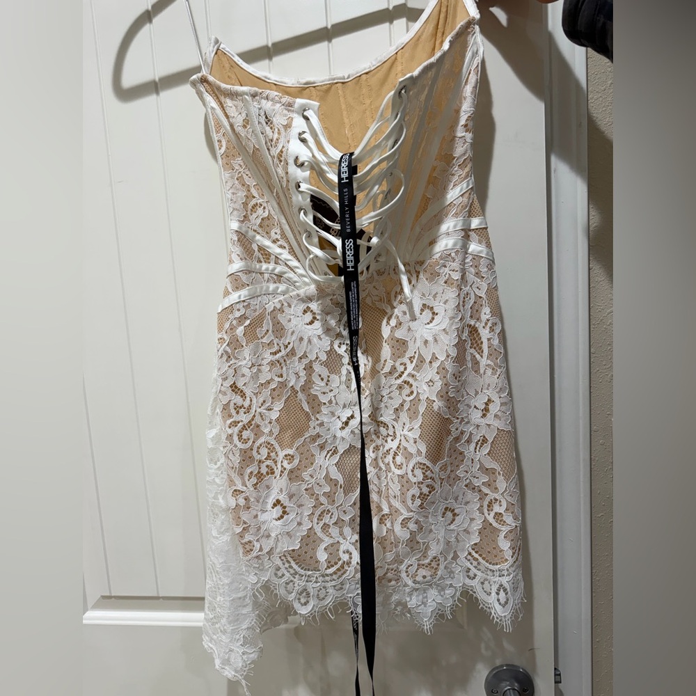 White Lace Overlay Mini Dress with Nude Lining